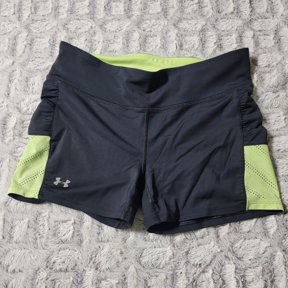 Under Armour Heat Gear Compression Shorts, Black and Green, Size Medium